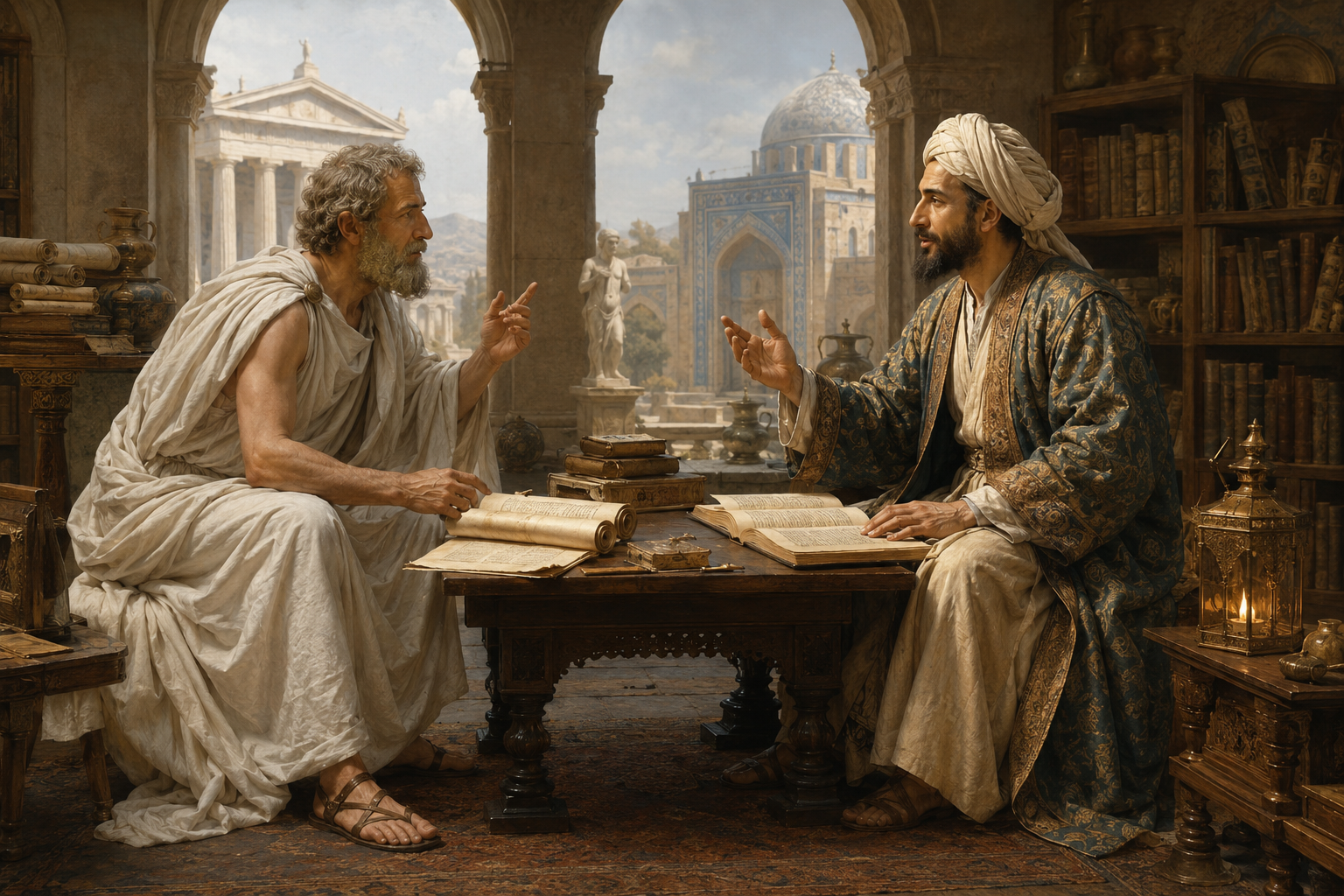 Allegorische Bildszene: Ibn Sīnā im gelehrten Gespräch mit Aristoteles