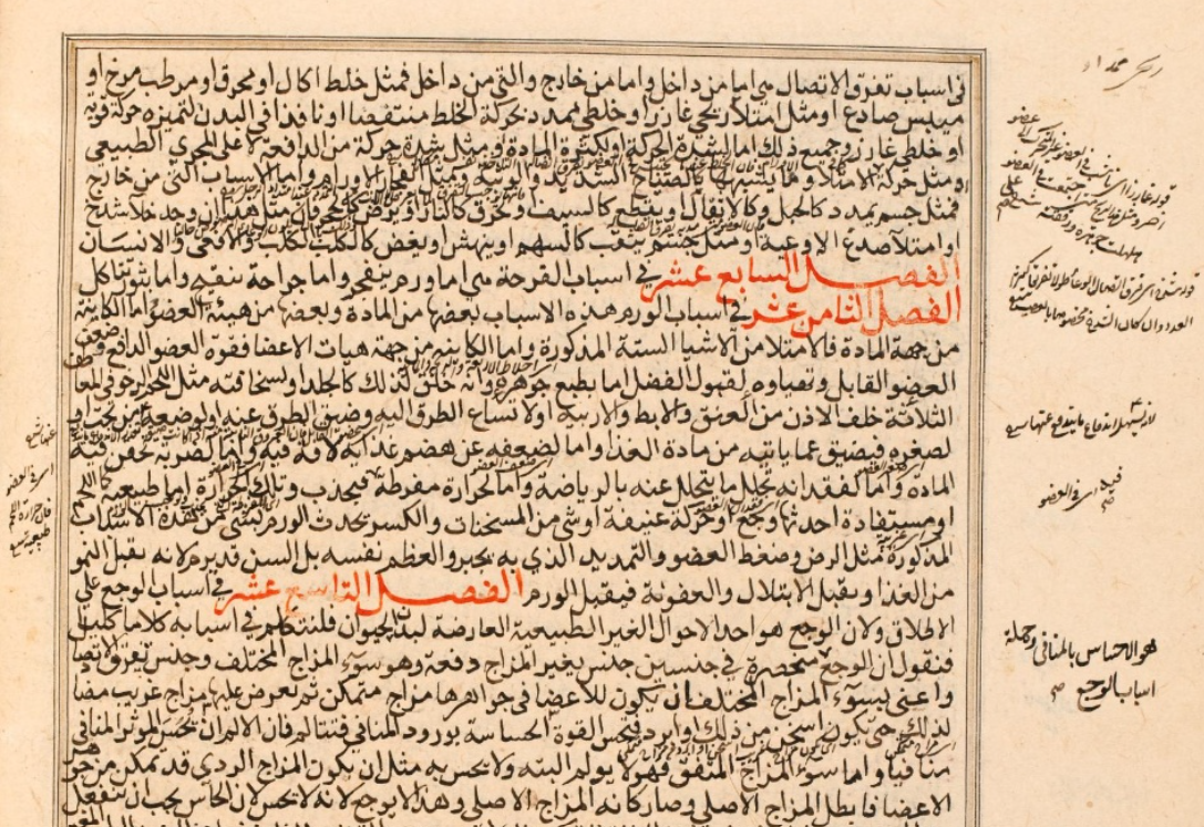 Arabische Handschriftseite mit roten Überschriften zu Wunden, Schwellungen und Schmerz